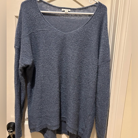 GAP Women's Heathered Blue and Silver Sparkly V-Neck Sweater - Picture 1 of 2